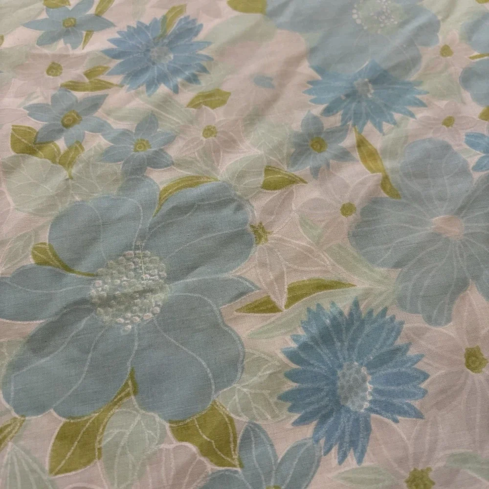 Vtg 1960s 1970s Flower Power Standard Pillowcase Blue Green Floral Percale MCM